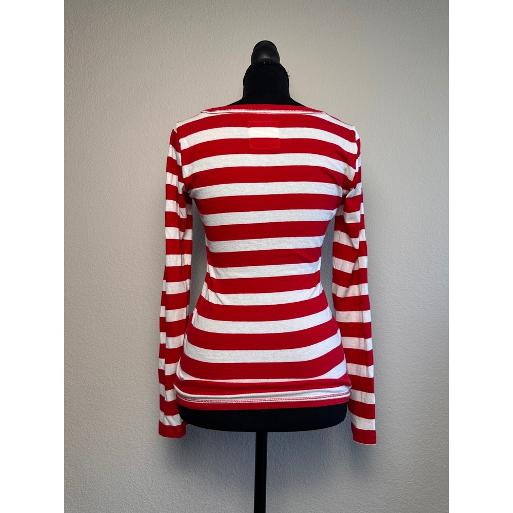 Hollister Womens XS Red White Striped Long Sleeve Scoop Neck Tee Seagull Logo - Picture 2 of 7